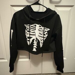 Black Cropped Hoodie with Skeleton Print